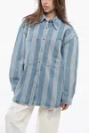 Nanushka Awning Striped Denim Beaux Overshirt With Logo Buttons In Blue