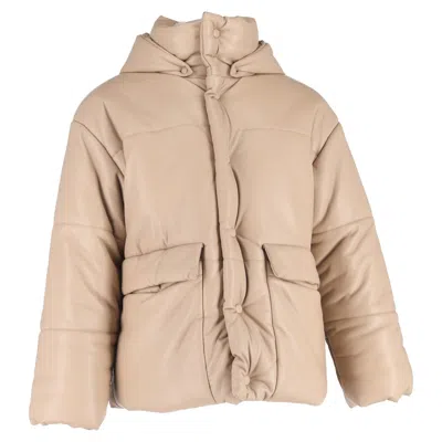 Nanushka Button-down Padded Hooded Down Jacket In Beige Faux Leather In Brown