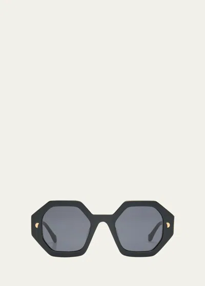 Nanushka Carlen Geometric Round Acetate Sunglasses In Black