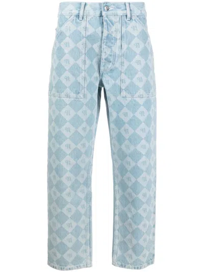 Nanushka Check Logo-print Cropped Jeans In 蓝色