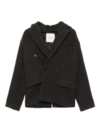 Nanushka Detachable-hood Double-breasted Blazer In Gray
