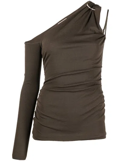 Nanushka Women's Asymmetric Ruched Mesh Jersey Top In Pine Green
