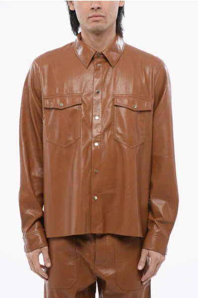 Nanushka Faux Leather Leen Shirt With Double Breast Pocket In Brown