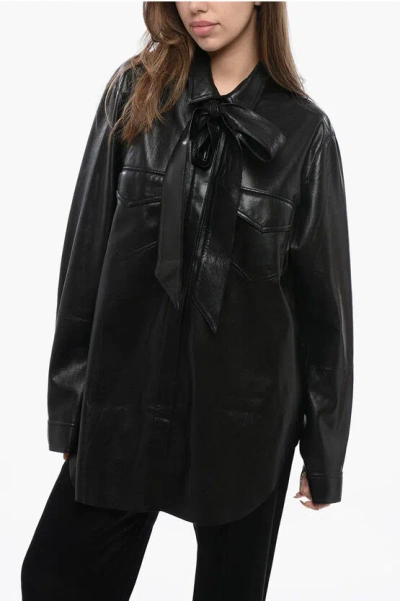 Nanushka Faux Leather Overshirt With Tie Neck In Black