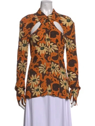 Pre-owned Nanushka Floral Print Long Sleeve Button-up Top In Orange