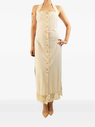 Pre-owned Nanushka Halterneck Fringed Midi Dress In Neutrals