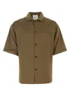 Nanushka Satin Shirt With Chest Pocket And Short Sleeves In Khaki