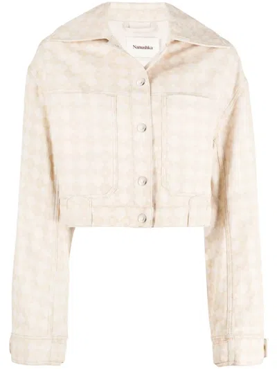 Nanushka Logo Pattern Boxy Denim Jacket In Neutrals