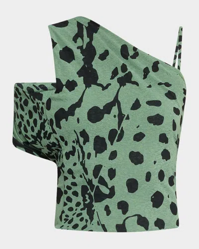 Nanushka Milda Cheetah-print Fitted Asymmetric Top In Green