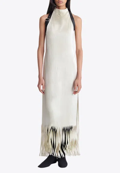 Nanushka Miruna Fringed Crinkled Satin Midi Dress In White