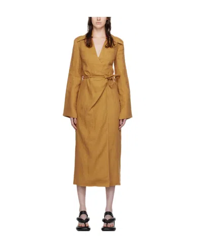 Nanushka Open-back Linen Midi Wrap Dress In Brown