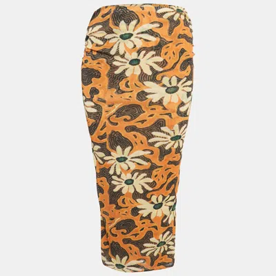 Nanushka Orange Arte Povera Floral Print Mesh Jersey Midi Skirt In Multi