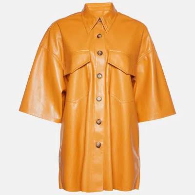 Pre-owned Nanushka Orange Faux Leather Short Sleeve Shirt Xs