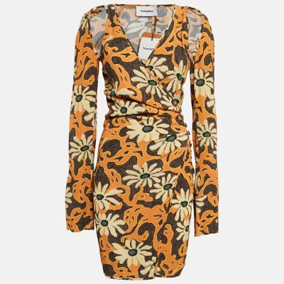 Nanushka Orange Floral Print Crepe Cut-out Mini Wrap Dress In Multi