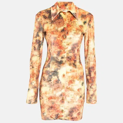 Nanushka Orange Hazy Floral Print Stretch Velvet Mini Shirt Dress