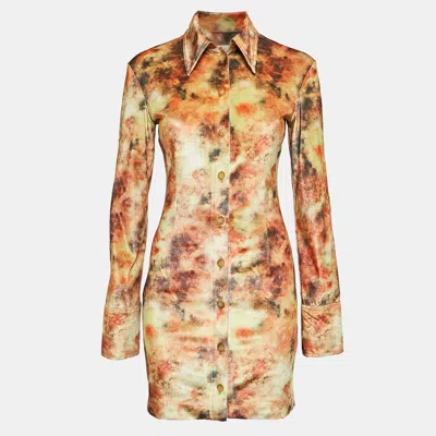 Pre-owned Nanushka Orange Hazy Floral Print Stretch Velvet Mini Shirt Dress S