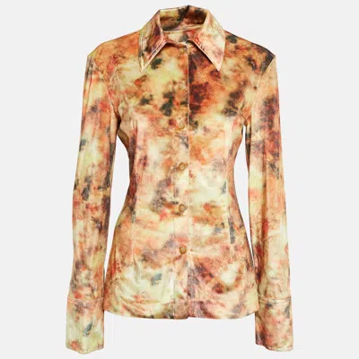 Pre-owned Nanushka Orange Hazy Print Velvet Jersey Button Front Shirt S