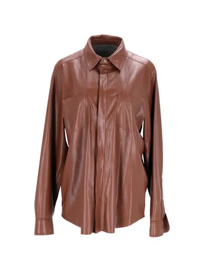 Pre-owned Nanushka Patch-pocket Faux-leather Shirt In Brown