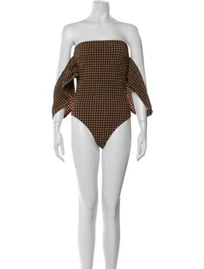 Pre-owned Nanushka Plaid Print Off-the-shoulder Bodysuit In Brown