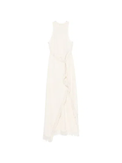 Nanushka Rayen Frayed Draped Midi Dress In Neutral