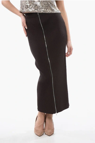 Nanushka Ribbed Meika Midi Skirt With Front Zip In Brown