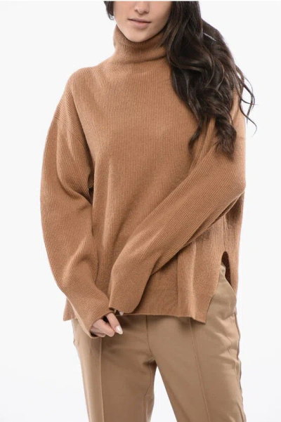 Nanushka Ribbed Merinos Wool Blend Arya Turtleneck Sweater In Brown