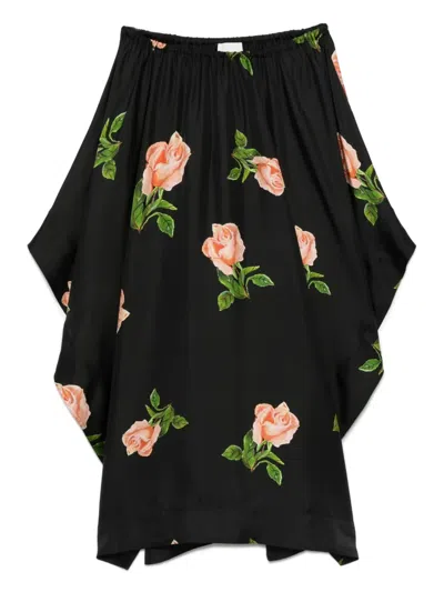 Nanushka Rose-print Drape-hem Skirt In Black