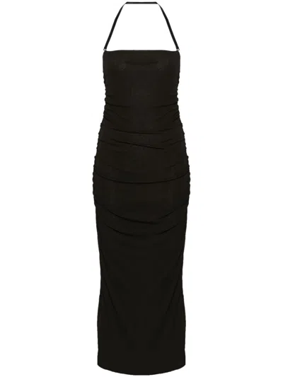 Ruched Halterneck Midi Dress In Black