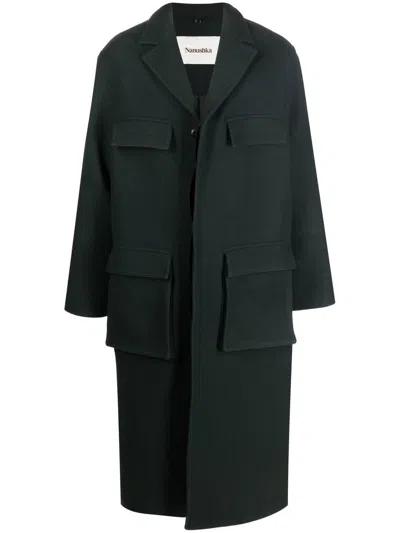 Nanushka Single-breasted Long Coat In Green