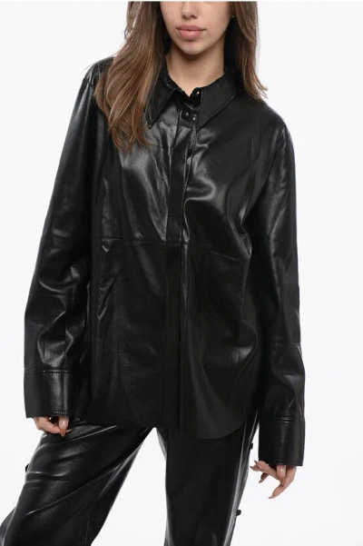 Nanushka Solid Color Faux Leather Naum Shirt In Black