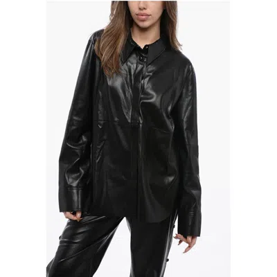 Nanushka Solid Color Faux Leather Naum Shirt In Black