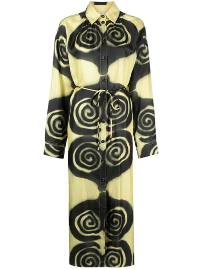 Nanushka Spiral Spray-print Silk Shirtdress In Green
