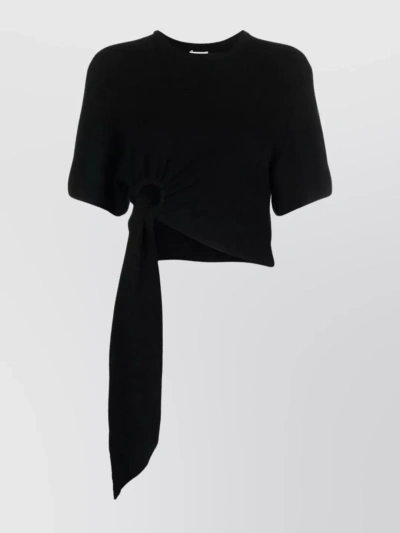 Nanushka Twisted Hemline Cropped Crewneck With Ring Tie In Black