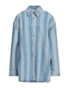 Nanushka Awning Striped Denim Beaux Overshirt With Logo Buttons In Blue
