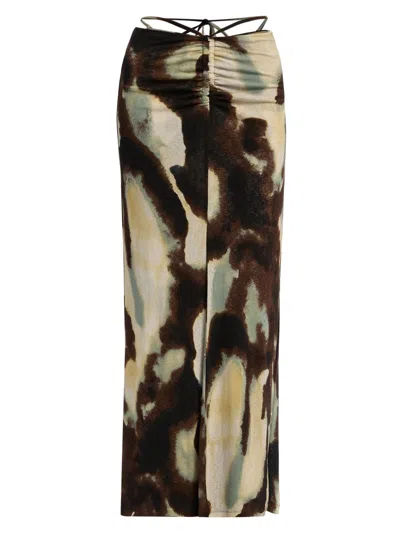 Nanushka Women's Grow Cheyen Watercolor Mesh Jersey Maxi Skirt In Brown