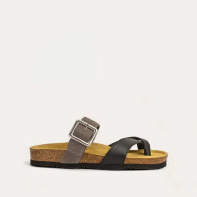 Naot Women's Fresno Toe Loop Slide Sandal In Soft Black Leather/taupe Grey Suede In Multi