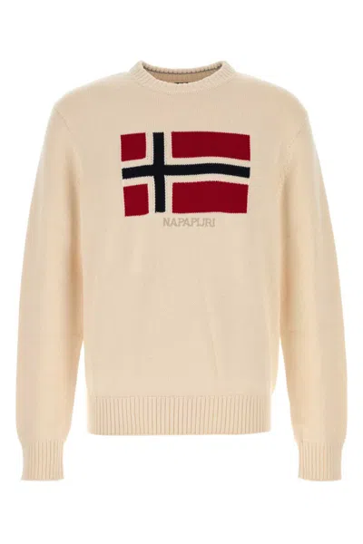NAPAPIJRI BEIGE CREWNECK FLAG EMBELLISHMENT SWEATER
