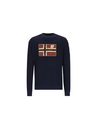 Napapijri Crew-neck Sweater In Dark Navy Knit With Patch Graphic In Multi