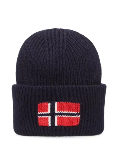 Napapijri Evei Flag-patch Ribbed-knit Beanie Hat In Blue