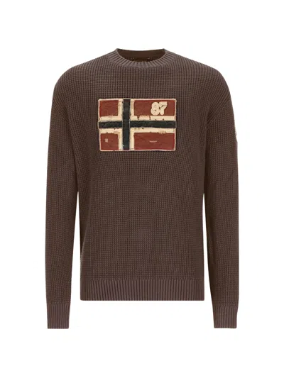 Napapijri Waffle Knit Archive Sweater With Logo Patch In Brown