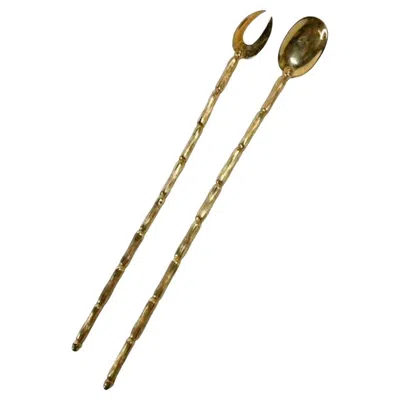 Pre-owned Napier Co. Mcm Long Handled Bar Stir Spoon & Olive Fork, Gold Bamboo Motif By  In Brown