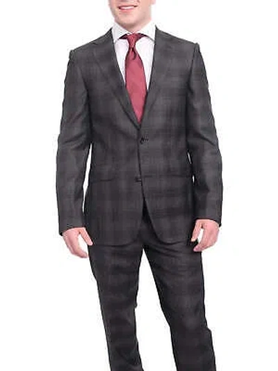 Pre-owned Napoli Slim Fit Charcoal Gray Windowpane Plaid Half Canvassed Wool Suit