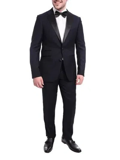 Pre-owned Napoli Slim Fit Navy Blue Check Two Button Wool Tuxedo Suit