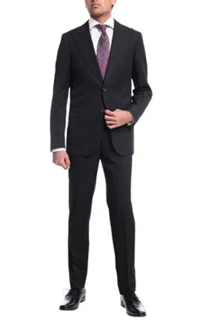 Pre-owned Napoli Slim Fit Solid Black Half Canvassed Wool Cashmere Suit With Peak Lapel