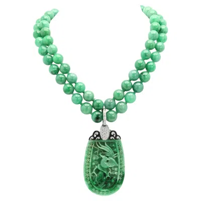 Pre-owned Nardi Jade Necklace Pendant 18k Natural Jadite And Diamonds Double Strand Beads In Green