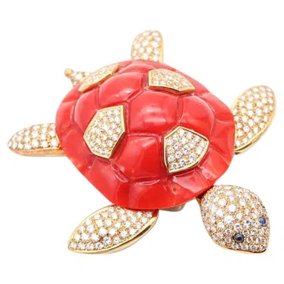 Pre-owned Nardi Venice 1960 Articulated Coral Turtle Brooch 18kt Gold Diamonds & Sapphires In Red