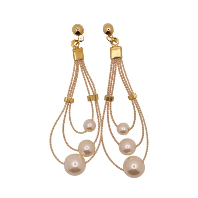 Nart Nature Making Art Women's Gold / White The Three Pearls Buriti Natural Fiber Earrings In Multi