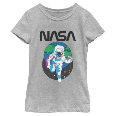 Nasa Kids' Girl's  Spaceman Earth Graphic T-shirt In Gray