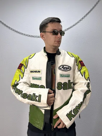 Pre-owned Nascar X Racing Vintage Kawasaki Leather Racing Jacket Streetwear Y2 In Green