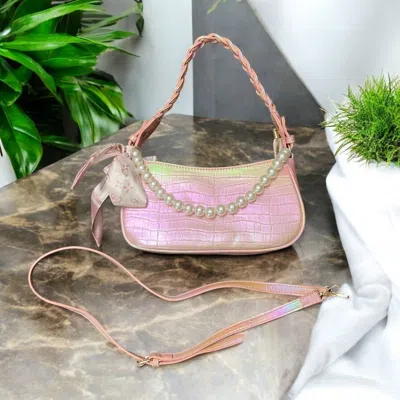 Nash Grey Andie Crocodile Iridescent Handbag With Pearl Chain And Chic Bow In Pink